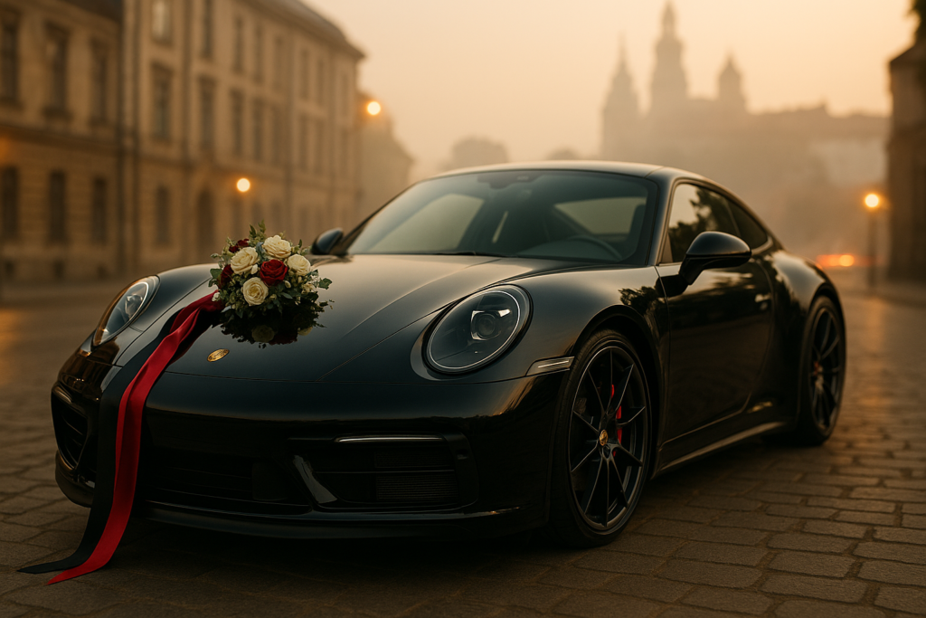 Czarne auto sportowe z czerwonymi akcentami do ślubu w Krakowie, elegancka sesja przed uroczystością