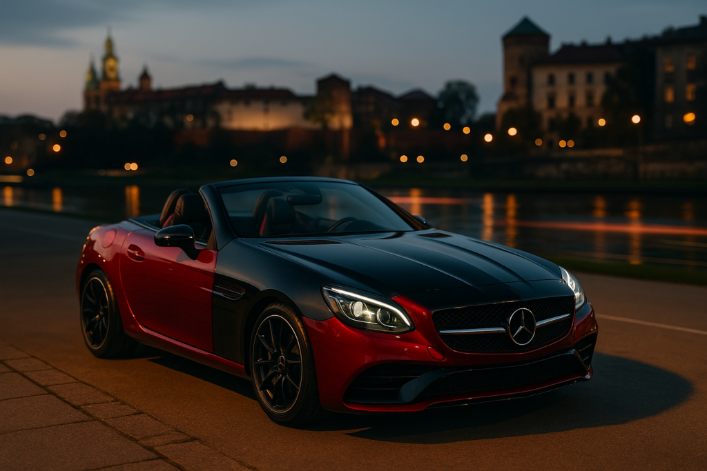 Czerwony roadster z otwartym dachem w Krakowie o zmierzchu, premium wynajem samochodu