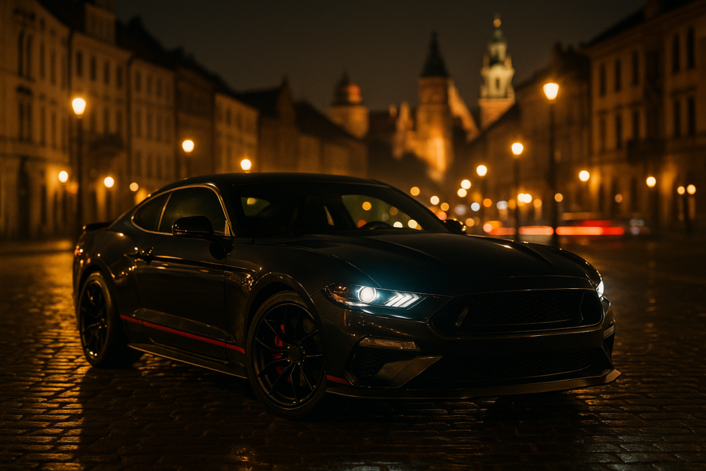 Sportowe auto na wieczór kawalerski w Krakowie nocą, czarno-czerwone akcenty i klimat Starego Miasta
